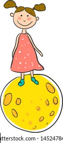 A girl in a pink dress with rosy cheeks standing on a yellow moon, vector, color drawing or illustration.