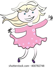 A girl in a pink dress running. Vector illustration on white background. T-shirt print. Cute girl. pretty kid. Cartoon girl. Little child. Vector girl pattern. Beautiful kid. Child illustration. 