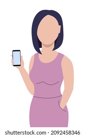 girl in a pink dress and a square hairstyle demonstrates a smartphone, a cell phone. vector illustration. fashionable female character on a white background.