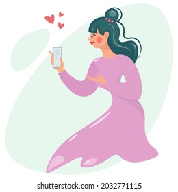 A girl in a pink dress is talking on the phone about love. Love relationships, experiences, emotions. Isolated vector image for Valentine's Day. Banner, poster, postcard. Cartoon flat design.