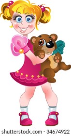 girl in pink dress and teddy bear isolated on a white background