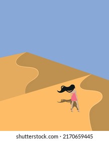 Girl in pink dress walks along dunes, sand.vector illustration.