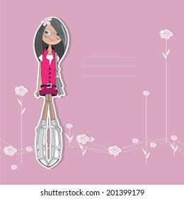 Girl in pink dress and white boots