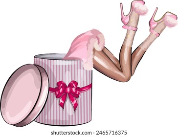 A girl in a pink feminine outfit inside a gift box with a bow. Vector illustration in glamor style on themes such as birthday, holiday, party