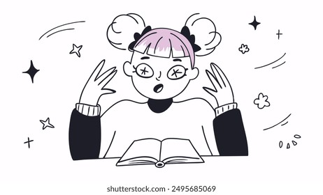 A girl with pink hair buns and wide eyes, reading a book with an expression of awe. Soft pastel tones. Suitable for educational content, kids' illustrations, or back-to-school designs