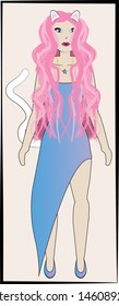 Girl with Pink Hair and Cat Ears Tail Illustration