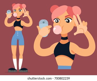 Girl with pink hair chewing gum and doing selfie. Funny vector illustration in cartoon style

