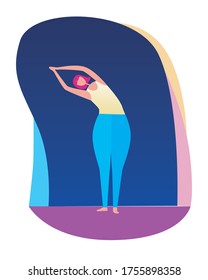 A girl with pink hair does a bow or yoga pose. Stock vector flat illustration with cute character woman hipster leading a healthy lifestyle as a postcard or card.