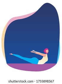 A girl with pink hair does yoga asanas while lying on her stomach. Stock vector flat illustration with cute character or sports girl for yoga day.