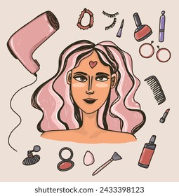 Girl with the pink hair and the feminine things around her, feminine routine.