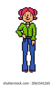 Girl With Pink Hair In A Green Fluffy Jacket And Flare Jeans, 8 Bit Pixel Art Character Isolated On White. Fashion Model Posing. Vintage Retro 80s, 90s 2d Computer, Video Game, Slot Machine Graphics.