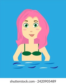 A girl with pink hair in a green swimsuit in the water