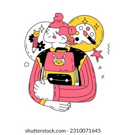 A girl with pink hair hugs her school bag and dreams about drawing classes. Creative professions. School, university or college. Vector illustration. 