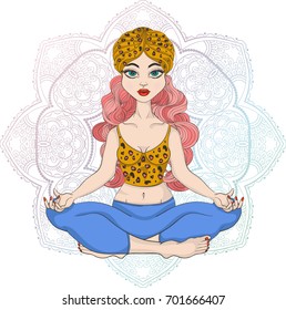 A girl with pink hair, a lepyard turban and a sweater, blue elk, red nails and lips, blue eyes in a lotus pose for meditation against the background of a pink blue mandala. Yoga. Boho chic.