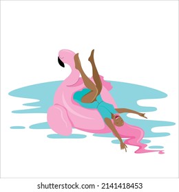 Girl with pink hair on an inflatable flamingo