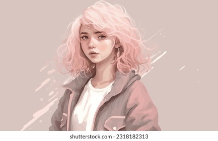 Girl with pink hair painted with watercolors. Pink tones. Vector illustration