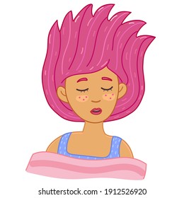 
girl with pink hair sleeping under the covers