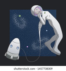 Girl with pink hair in a spacesuit hovers in space. He is attached to his ship by a pipe. The background consists of stars and planets. Black frame. Vector.