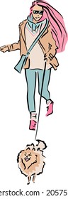 Girl with pink hair walking the pomeranian dog. Vector illustration.