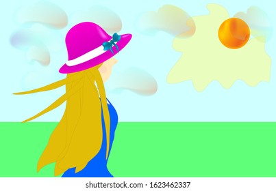 Girl in pink hat with long light hair in blue dress is standing against the sky  with clouds and looking in the orange sun