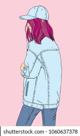 Girl with pink hear wearing a blue denim jacket. Vector Illustration.