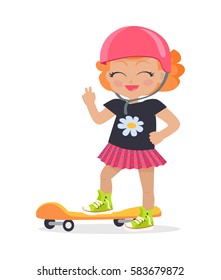 Girl in pink helmet and skirt standing on orange skateboard. Red curly hair. Black t-shirt with chamomile. Green shoes. Cartoon design. Illustration of happy female skateboarder. Flat design. Vector