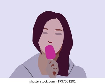 girl with pink ice cream in hand color simplified illustration