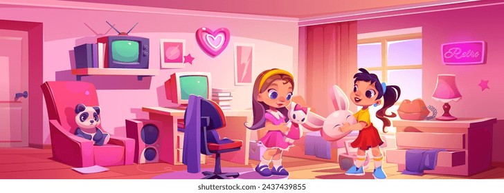 Girl in pink kid bedroom play with friend. Child bed room interior with toy, desk, armchair and cute lamp. Girly and cosy furniture for comfort childhood with school bookshelf and computer table.