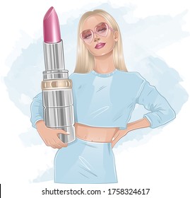 girl with pink lipstick in hands light blonde