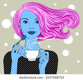 Girl with pink loose flowing hair holding in her hands a coffee cup and spoon. Vector illustration in vintage color engraving style. NOT AI generated
