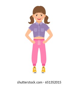 Girl in a pink pants and violet shirt isolated vector illustration on white background