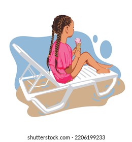 Girl In A Pink Pareo On A Sun Lounger On The Beach Eats Ice Cream. Summer Illustration