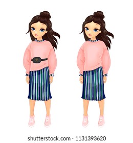 Girl In Pink Pullover And Striped Skirt