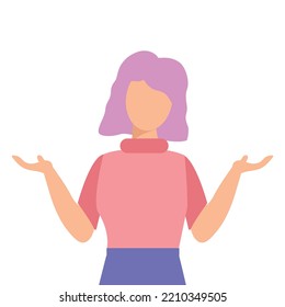 Girl with pink or purple hair shrug or say oops, I do not know. Vector illustration.