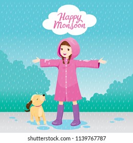 Girl In Pink Raincoat Stretch Arms Happily In The Rain With Her Dog, Monsoon, Rainy Day, Season, Raindrop, People, Relationship, Soaked