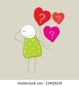 Girl with pink and red heart shaped balloons with question marks on it