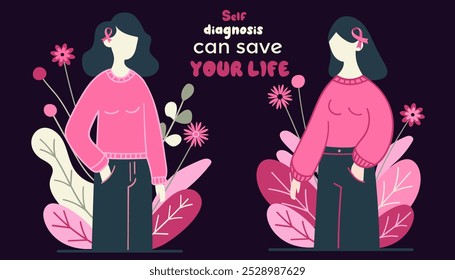 Girl pink ribbon breast cancer early detection vector illustration