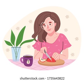 A girl in a pink shirt is cooking in the kitchen. Beautiful woman in round glasses slices an apple.Prepares a salad in the kitchen.Flat cartoon vector illustration.