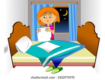 Girl in a pink shirt making bed in bedroom illustration, vector
