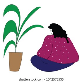 Girl in pink shirt with white dots and blue pants sitting near a palm in pot  vector illustration on white background 