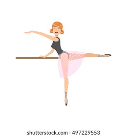 Girl In Pink Skirt In Ballet Dance Class Exercising With The Pole