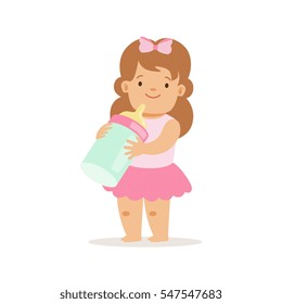 Girl In Pink Skirt With Milk Bottle, Adorable Smiling Baby Cartoon Character Every Day Situation