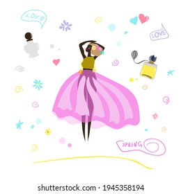 A girl in a pink skirt and yellow T-shirt vector. Set with two perfume with symbol and the inscriptions: LOVE, VESNA. Art drawing with color circles yellow grey. Flat style illustration. Spring, love.