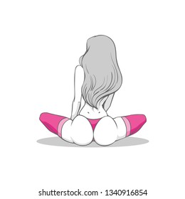 Girl in pink stockings and bikini, with a round ass sitting cross-legged, back view. Woman with sexy buttocks, hips and sporty figure. Erotic female silhouette, Gray-white character. Vector
