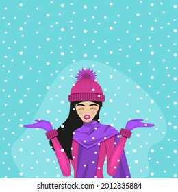 Girl in pink suit stands in snowfall. flat vector illustration.