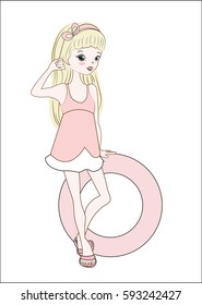 the girl in a pink summer dress blonde, holds a lifebuoy