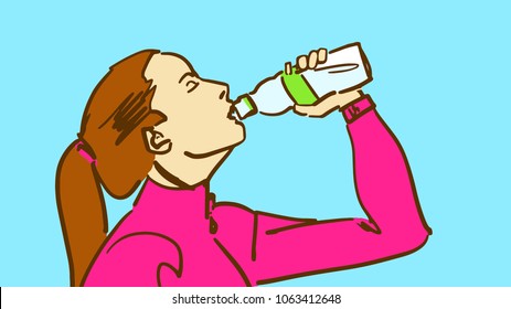 
A Girl In A Pink Sweater Drinking Water From A Plastic Bottle. Headshot. Colorful Cartoon Vector Sketch.