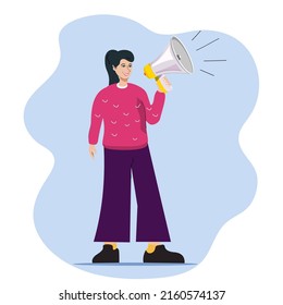 A girl in a pink sweater and purple pants holds a megaphone and speaks loudly. Vector stock illustration. Flat style. Character