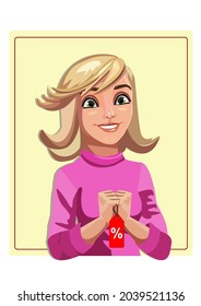 A girl in a pink sweater smiles and holds a discount coupon for black friday shopping. Vector illustration.