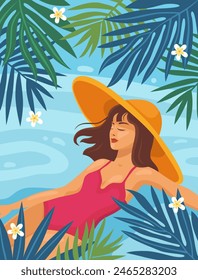 A girl in a pink swimsuit and hat swimming in a pool or in the sea. Summer time. Summer poster, banner, card. Holidays by the sea, relaxation, vacation concept. 